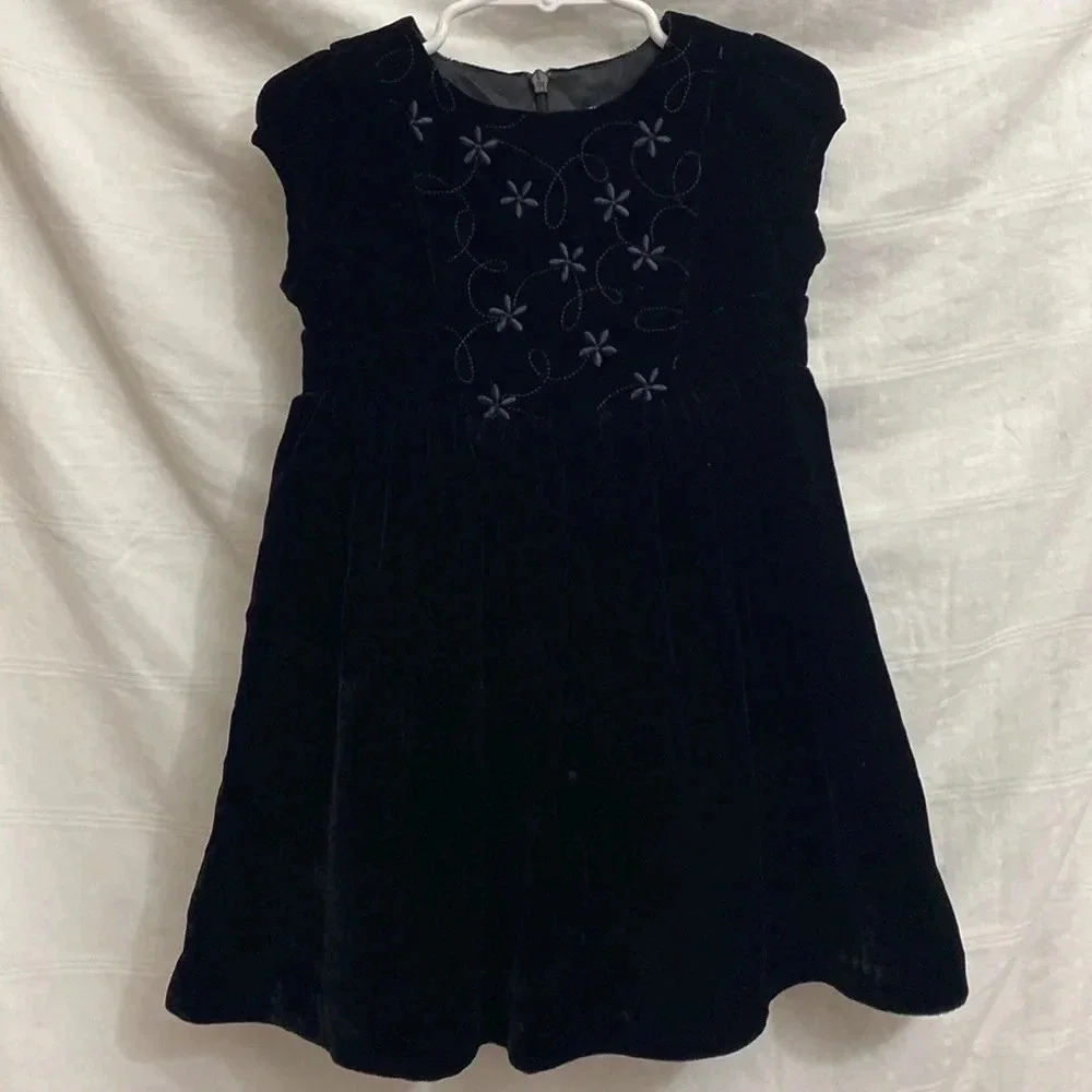 Vintage Gymboree Black Velvet Dress Silk Rayon Blend with Embroidered Flowers